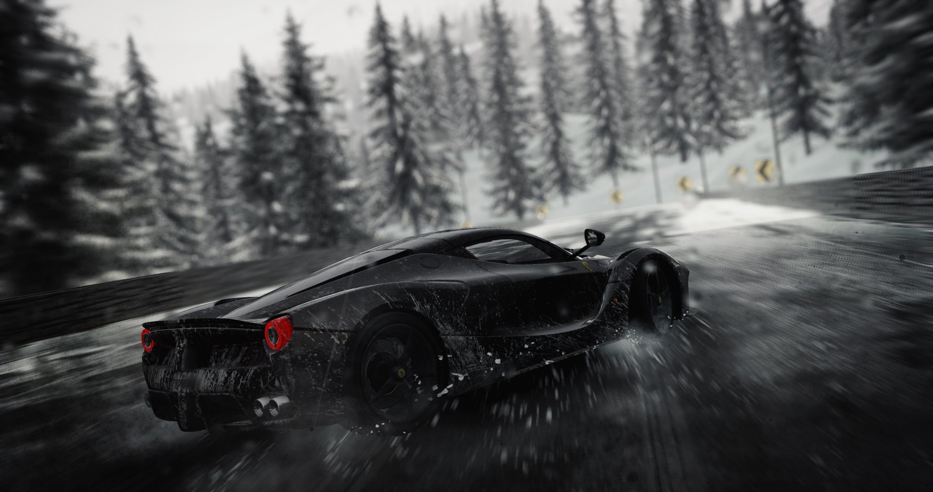 A sleek black Ferrari speeds through a rainy forest road in The Crew video game, captured in 4K Ultra HD for a dynamic PC desktop wallpaper.