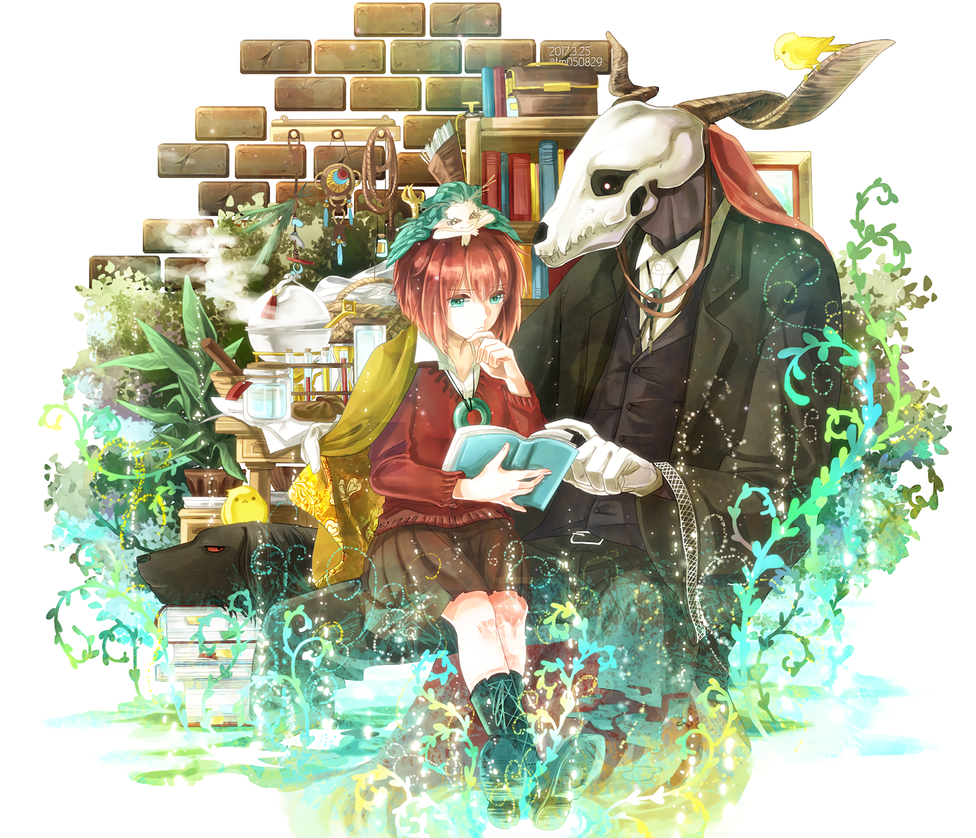 HD desktop wallpaper featuring Elias Ainsworth and Chise Hatori from the anime 'The Ancient Magus' Bride', surrounded by books and magical elements.