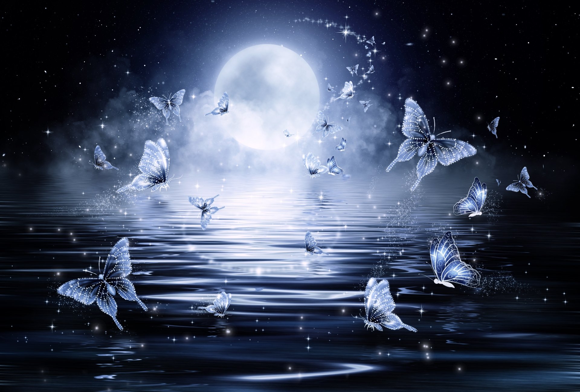 Ethereal HD wallpaper of a full moon illuminating butterflies over a tranquil body of water, creating a mesmerizing artistic background.