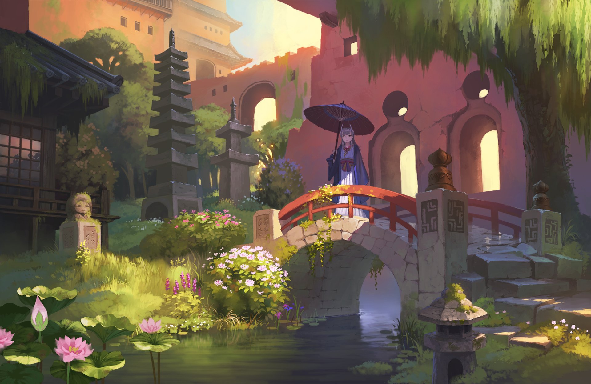 Anime artwork of a serene oriental garden with a bridge, vibrant flowers, and a person holding an umbrella. The HD desktop wallpaper showcases intricate details and a lush park scene.