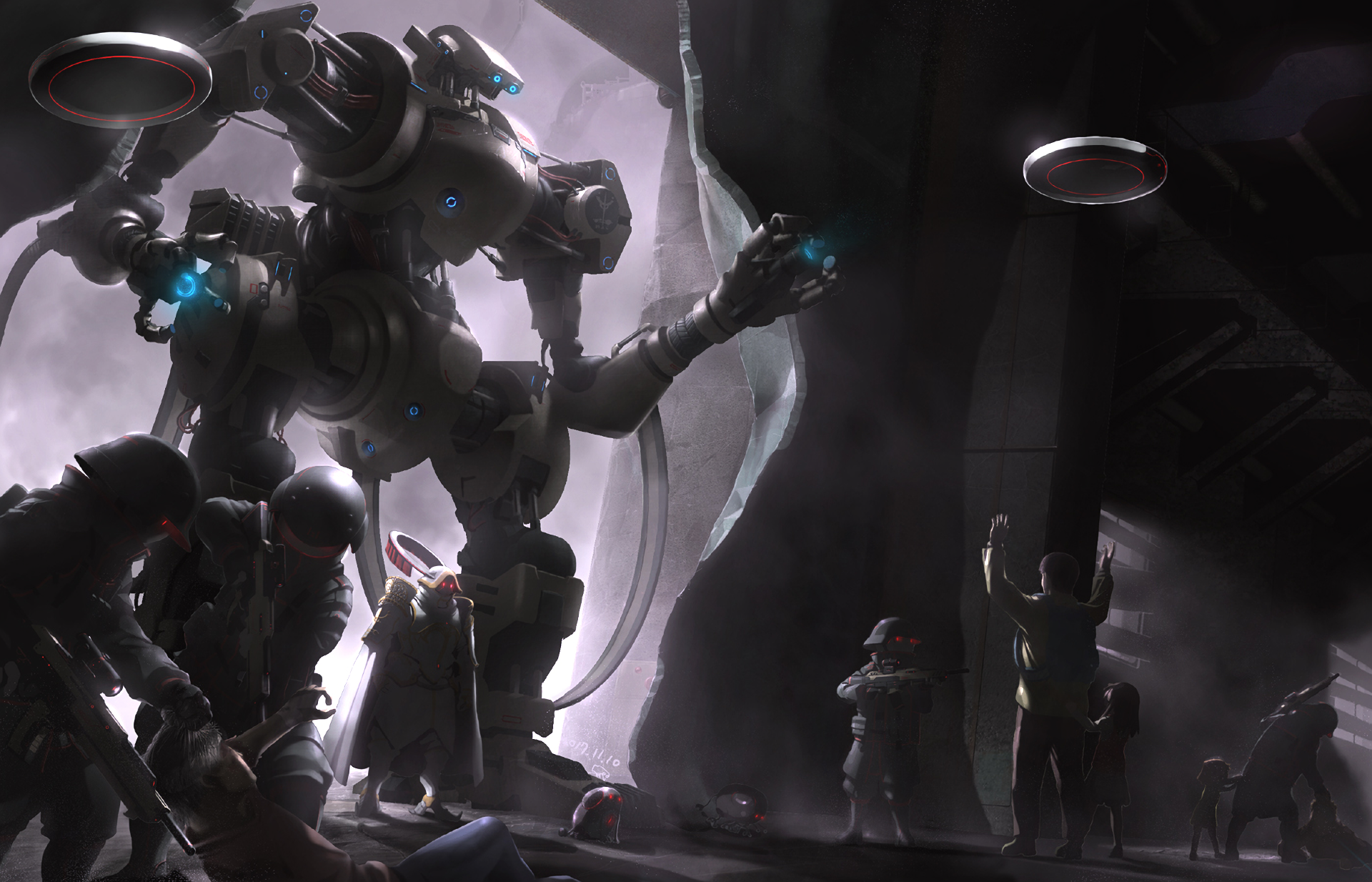 HD anime-style wallpaper featuring a giant robot soldier armed and standing amid dark, futuristic surroundings with hovering drones and shadowed figures.