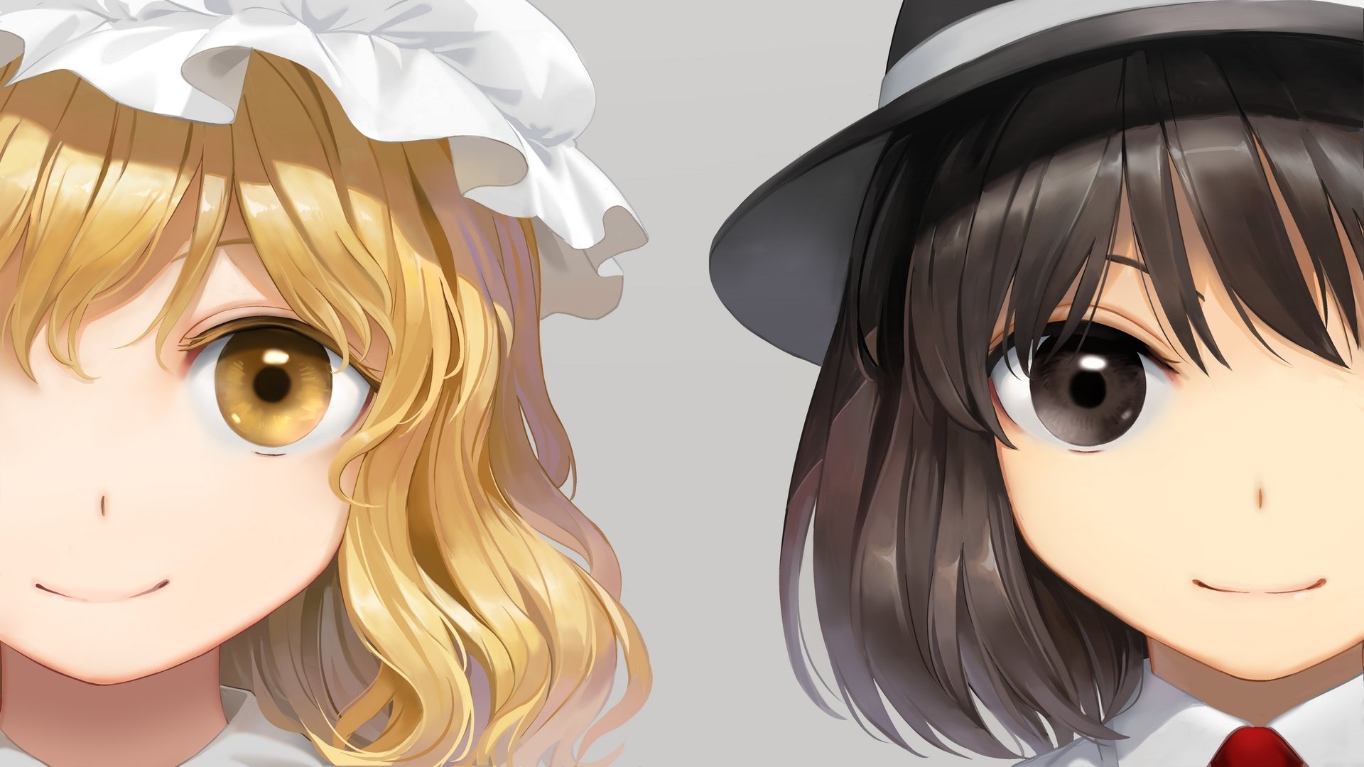 HD desktop wallpaper featuring anime characters Maribel Hearn and Renko Usami from the Touhou series with detailed eyes and distinct hairstyles on a soft gray background.