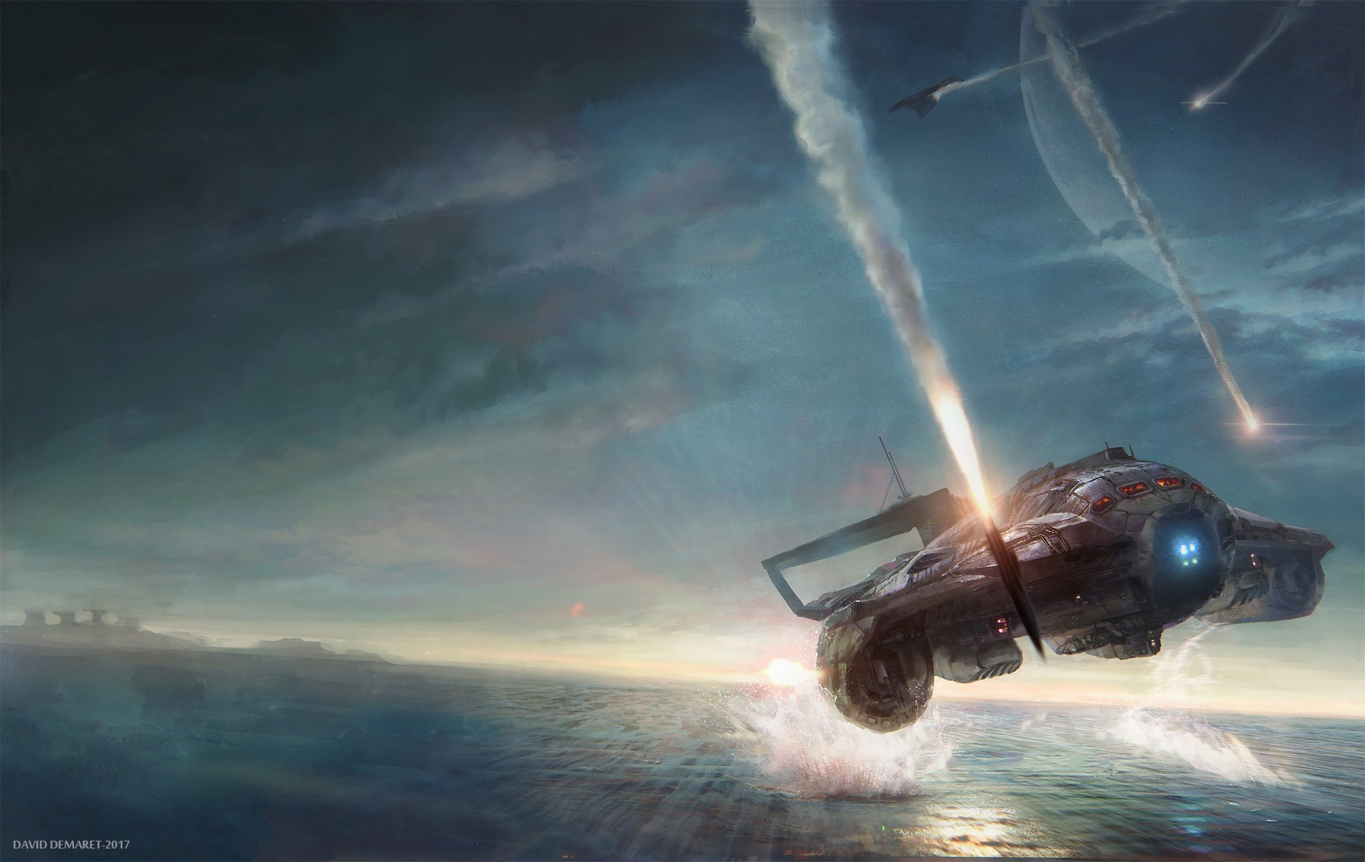 A sci-fi spaceship launches missiles over a vast ocean under a stormy sky, captured in a dramatic HD PC desktop wallpaper.