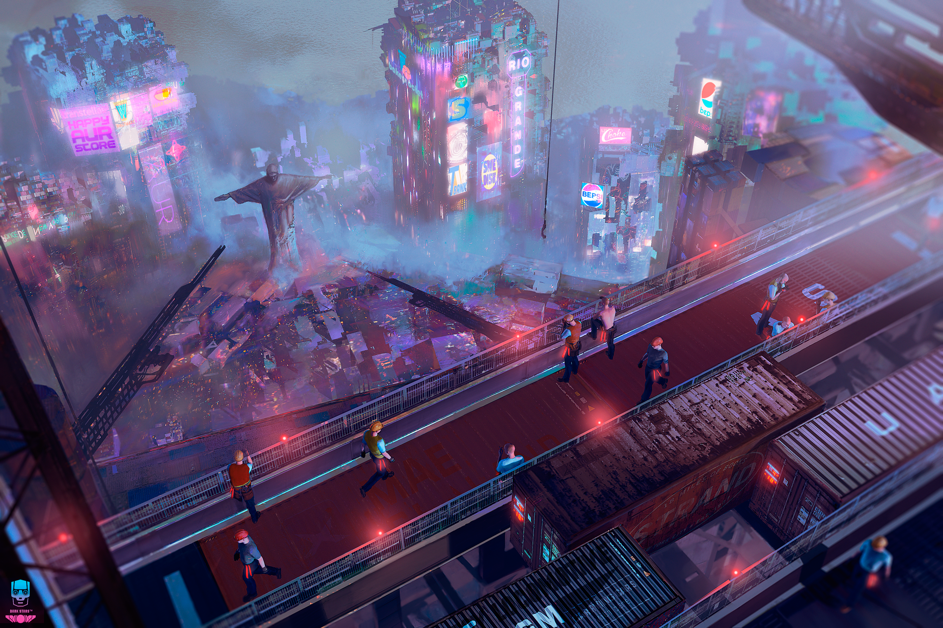 Futuristic cyberpunk cityscape with towering skyscrapers, neon lights, and a sci-fi version of Christ the Redeemer overlooking a bustling crowd in a vibrant, foggy urban scene.