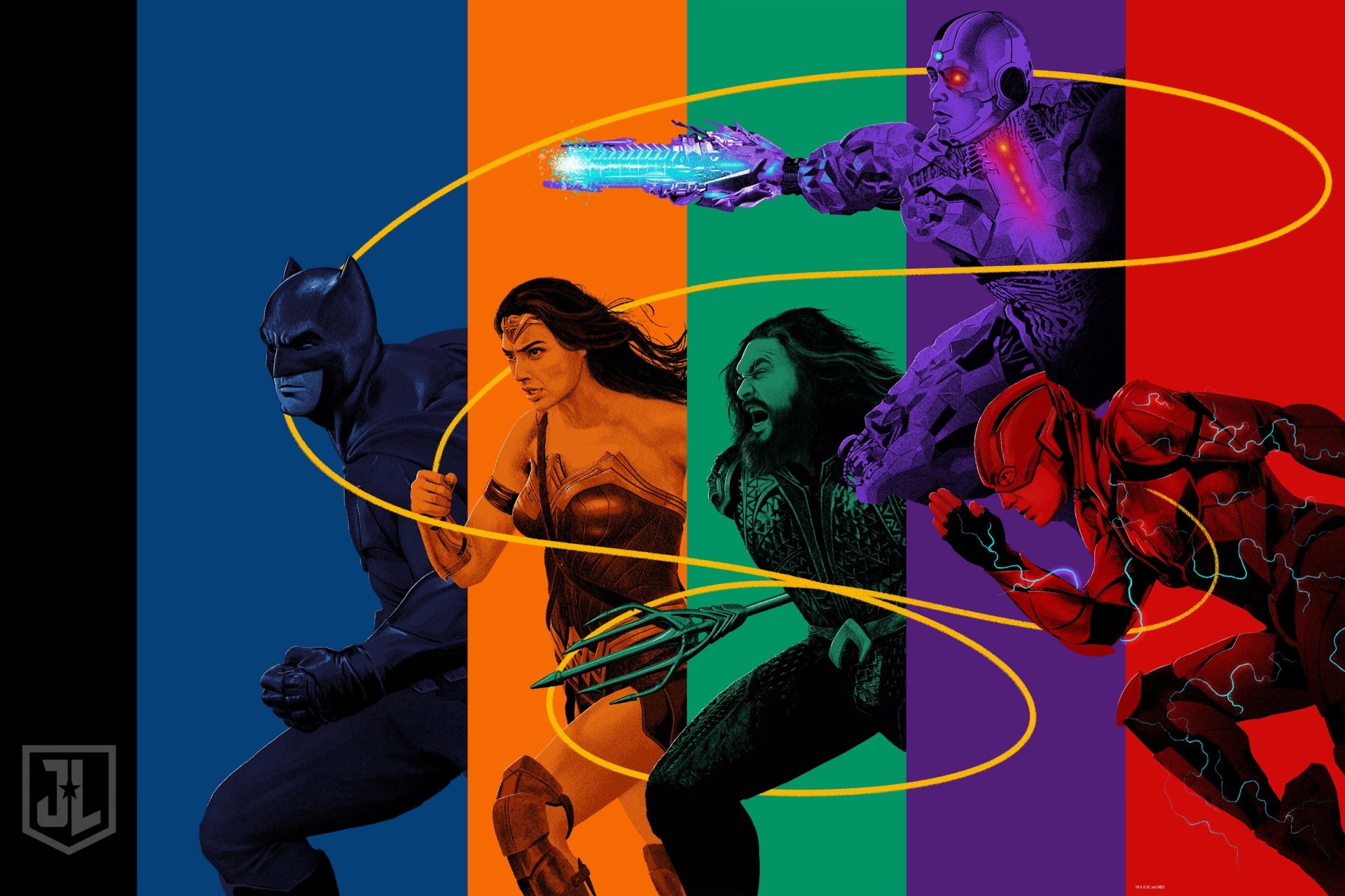 4K Ultra HD Justice League wallpaper featuring Cyborg, Wonder Woman, Flash, Aquaman, and Batman in dynamic poses with vibrant, segmented colored backgrounds.