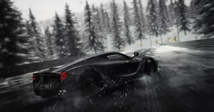 A sleek black Ferrari speeds through a rainy forest road in The Crew video game, captured in 4K Ultra HD for a dynamic PC desktop wallpaper.