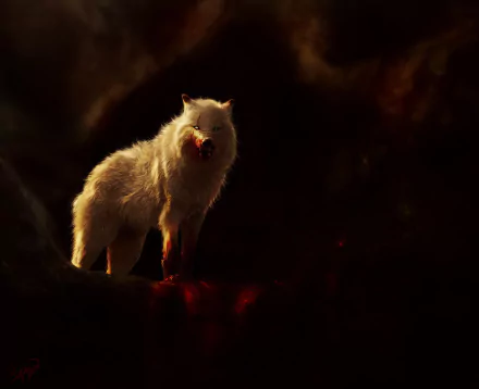 A haunting HD desktop wallpaper featuring a white wolf with bloodstained fur set against a dark, moody fantasy background.