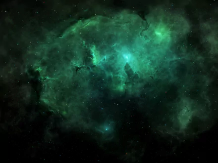 A vibrant green nebula with glowing stars in deep space, rendered in 4K Ultra HD for a Sci-Fi themed PC desktop wallpaper.