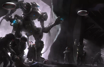 HD anime-style wallpaper featuring a giant robot soldier armed and standing amid dark, futuristic surroundings with hovering drones and shadowed figures.