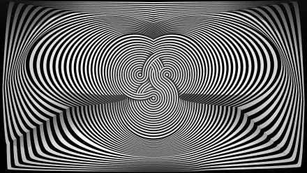 Artistic black-and-white optical illusion: concentric warped rings swirl into a mirrored S-shape, a hypnotic 8K Ultra HD PC desktop wallpaper and background.