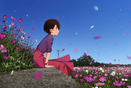 Anime-style HD desktop wallpaper featuring a short-haired character sitting by a flower field under a bright blue sky with a visible moon.