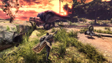 HD wallpaper featuring an Anjanath from Monster Hunter: World in a lush landscape with a hunter preparing for combat.