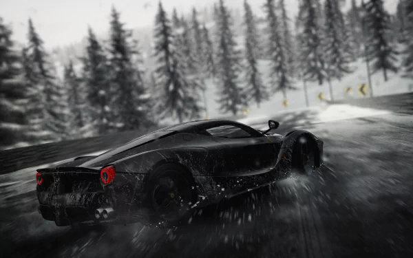 A sleek black Ferrari speeds through a rainy forest road in The Crew video game, captured in 4K Ultra HD for a dynamic PC desktop wallpaper.