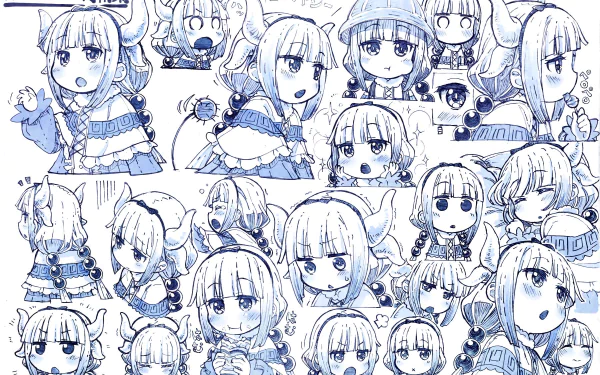 HD sketch wallpaper featuring multiple expressions of Kanna Kamui from the anime Miss Kobayashi's Dragon Maid rendered in blue tones.