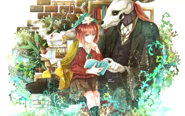 HD desktop wallpaper featuring Elias Ainsworth and Chise Hatori from the anime 'The Ancient Magus' Bride', surrounded by books and magical elements.