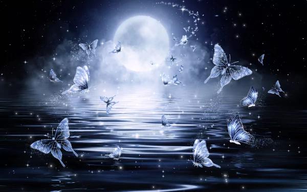 Ethereal HD wallpaper of a full moon illuminating butterflies over a tranquil body of water, creating a mesmerizing artistic background.