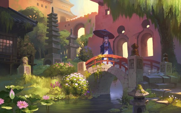Anime Original Flower Park Horns Umbrella Oriental Bridge HD Wallpaper | Background Image