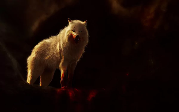 A haunting HD desktop wallpaper featuring a white wolf with bloodstained fur set against a dark, moody fantasy background.