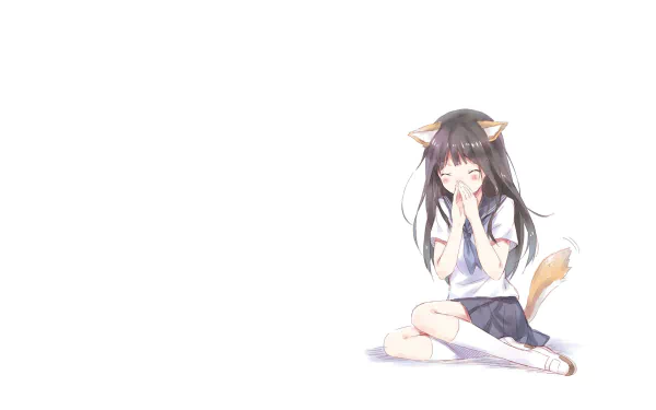 HD desktop wallpaper featuring Eru Chitanda from the anime Hyouka. She is sitting on the ground, wearing a school uniform, with cat ears and a tail, against a white background.