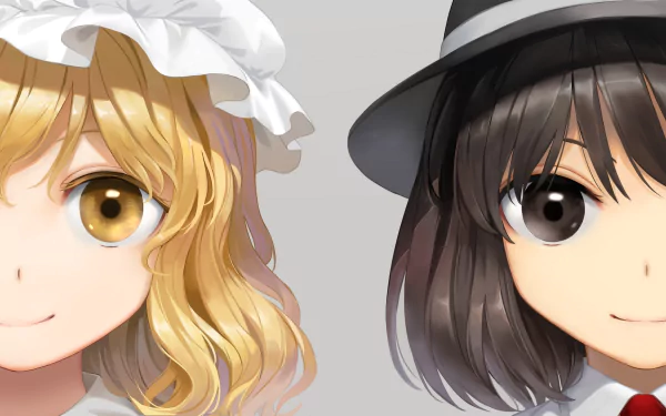 HD desktop wallpaper featuring anime characters Maribel Hearn and Renko Usami from the Touhou series with detailed eyes and distinct hairstyles on a soft gray background.