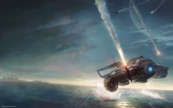 A sci-fi spaceship launches missiles over a vast ocean under a stormy sky, captured in a dramatic HD PC desktop wallpaper.
