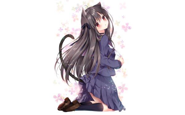 Anime Original Nekomimi Schoolgirl School Uniform Black Hair Long Hair Flower HD Wallpaper | Background Image