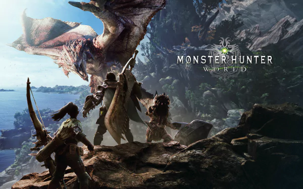 HD desktop wallpaper featuring hunters facing off against a Rathalos from Monster Hunter: World.