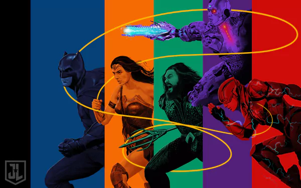 4K Ultra HD Justice League wallpaper featuring Cyborg, Wonder Woman, Flash, Aquaman, and Batman in dynamic poses with vibrant, segmented colored backgrounds.