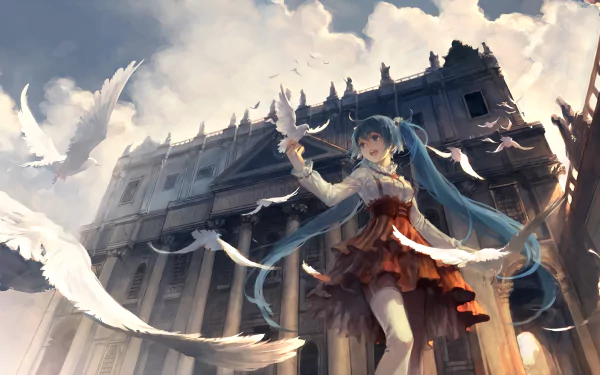 HD desktop wallpaper featuring Hatsune Miku, an anime-style character from Vocaloid, standing in front of a grand building with birds flying around.