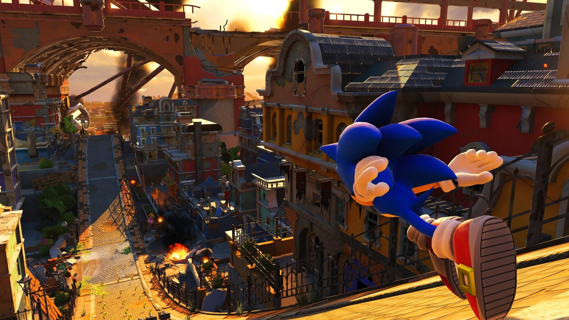 HD PC desktop wallpaper featuring Sonic the Hedgehog from the video game Sonic Forces overlooking a detailed urban battle scene at sunset.