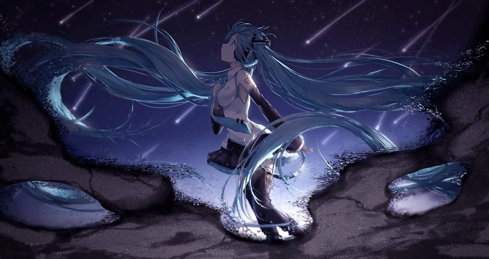 HD anime desktop wallpaper featuring Hatsune Miku, the iconic Vocaloid, with flowing teal twin tails under a starry night sky illuminated by shooting stars.