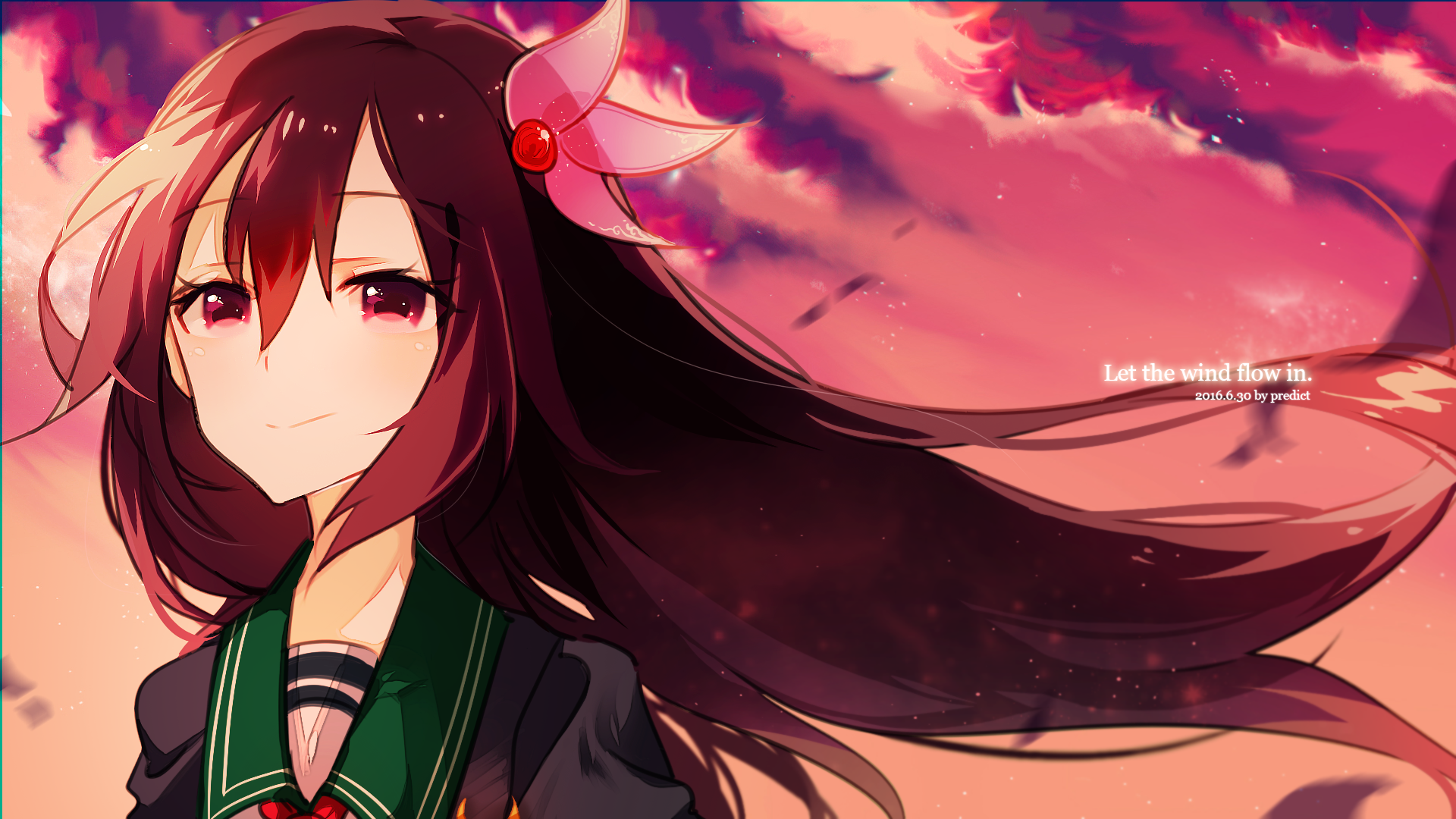 HD anime desktop wallpaper of Kisaragi (Kantai Collection): long dark hair and red eyes blowing against a cloud-streaked sunset sky, soft smile and visible naval uniform details.
