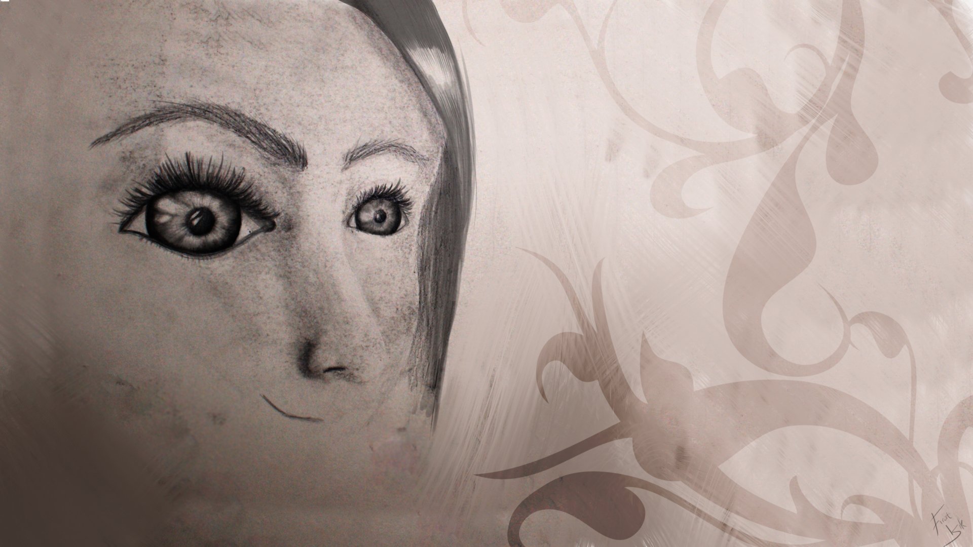 Artistic drawing of a woman's face with detailed eyes against a soft, abstract background, designed as an HD PC desktop wallpaper and background.