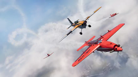 HD PC desktop wallpaper from video game The Crew 2: red and yellow racing biplanes tearing through a cloud-filled sky in an intense air race.