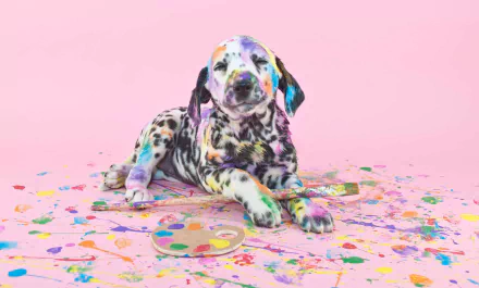 HD desktop wallpaper featuring a cute Dalmatian puppy covered in colorful paint against a pink background, with paint splatters and a palette around it.