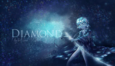 HD desktop wallpaper featuring Diamond from the anime Land of the Lustrous, with a dark, starry background and elegant text reading DIAMOND illuminated on the left side.