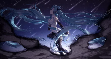 HD anime desktop wallpaper featuring Hatsune Miku, the iconic Vocaloid, with flowing teal twin tails under a starry night sky illuminated by shooting stars.