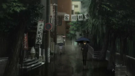HD desktop wallpaper and background featuring Hōtarō Oreki from the anime Hyouka, walking with an umbrella down a quiet, rain-soaked street lined with traditional Japanese buildings.