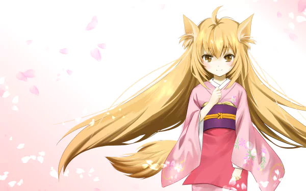HD desktop wallpaper background featuring Yuzu from the anime Konohana Kitan, showcasing Yuzu with long golden hair and fox ears, wearing a pink kimono with floral patterns among floating cherry blossoms.