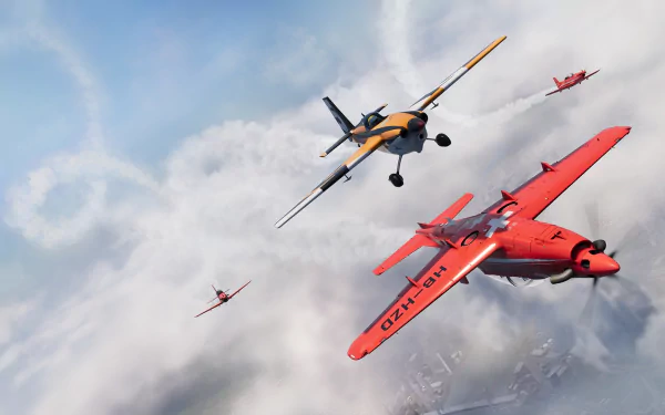 HD PC desktop wallpaper from video game The Crew 2: red and yellow racing biplanes tearing through a cloud-filled sky in an intense air race.