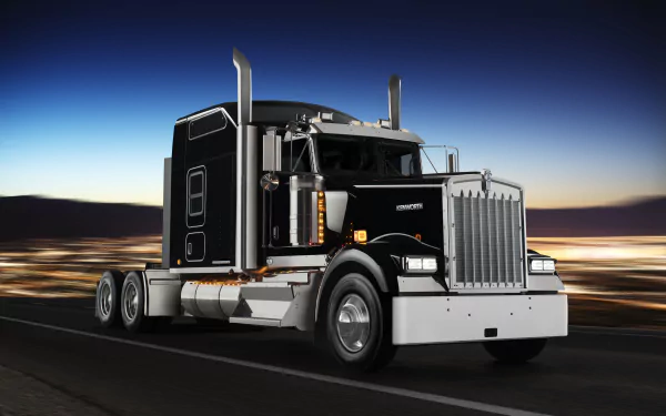 8K Ultra HD wallpaper of a black Kenworth W900 truck driving on a highway at dusk, showcasing the vehicle's distinctive front grille and classic design.