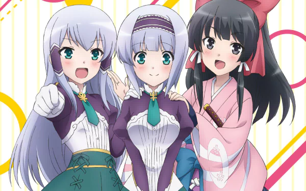 HD PC desktop wallpaper of Yae Kokonoe with Elze and Linze Silhoueska from the anime In Another World With My Smartphone, three cheerful girls in colorful outfits against a bright backdrop.