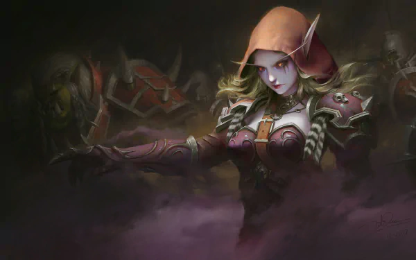 HD desktop wallpaper featuring Sylvanas Windrunner, an elf warrior from Warcraft's World of Warcraft video game, with pointed ears and a medieval armor, set against a dark, misty background.