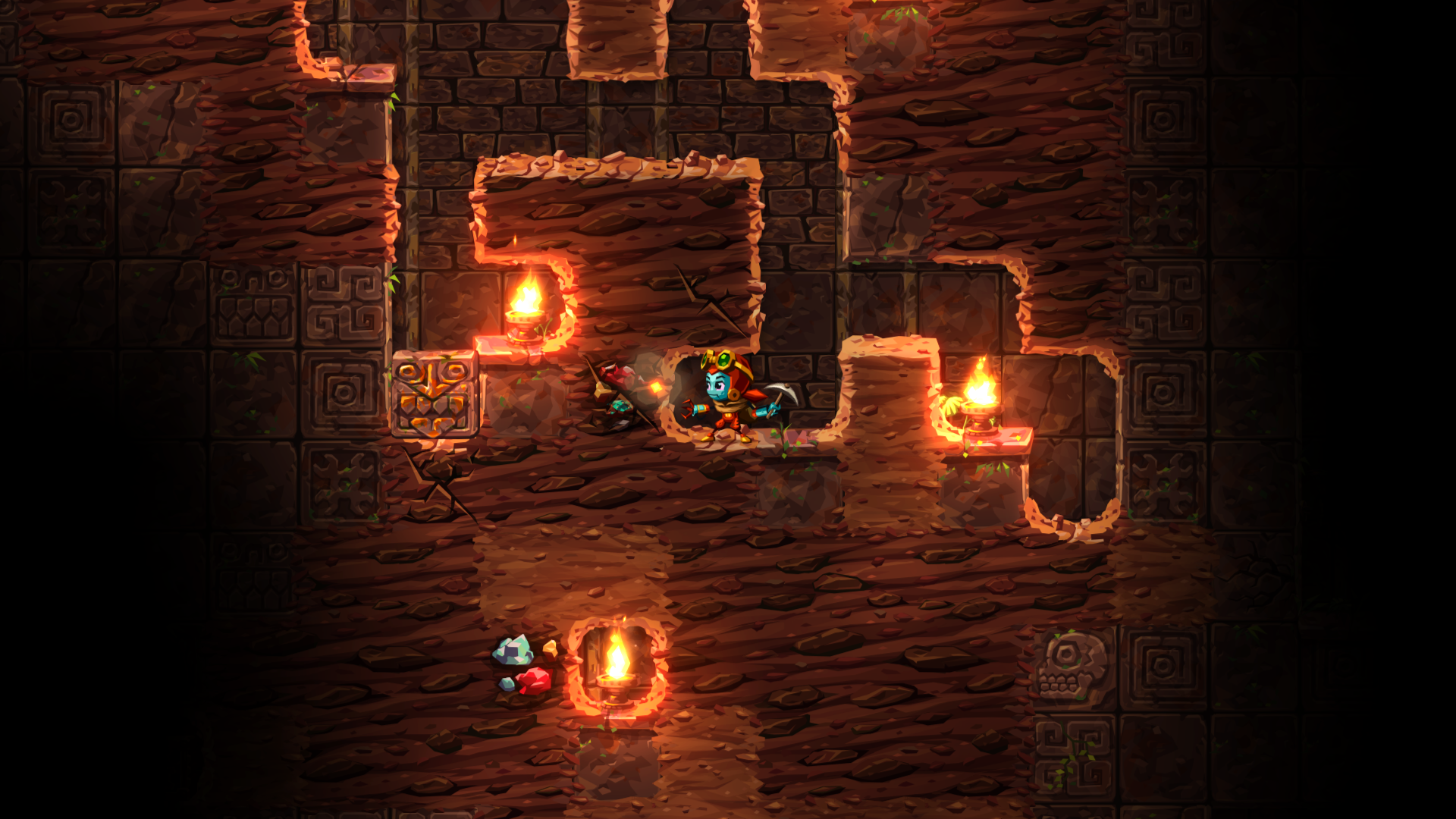 HD desktop wallpaper featuring a scene from SteamWorld Dig 2 with a robotic character mining in a torch-lit underground setting.