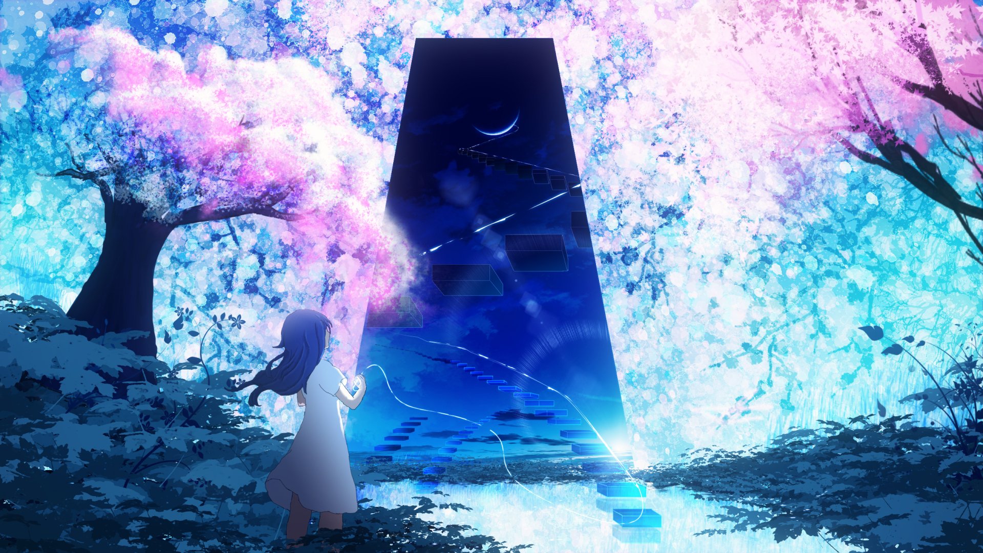 An HD desktop wallpaper featuring a serene anime scene with a girl under mystical cherry blossom trees, gazing at a large, dark monolith with a crescent moon and constellations glowing against a fantasy backdrop.