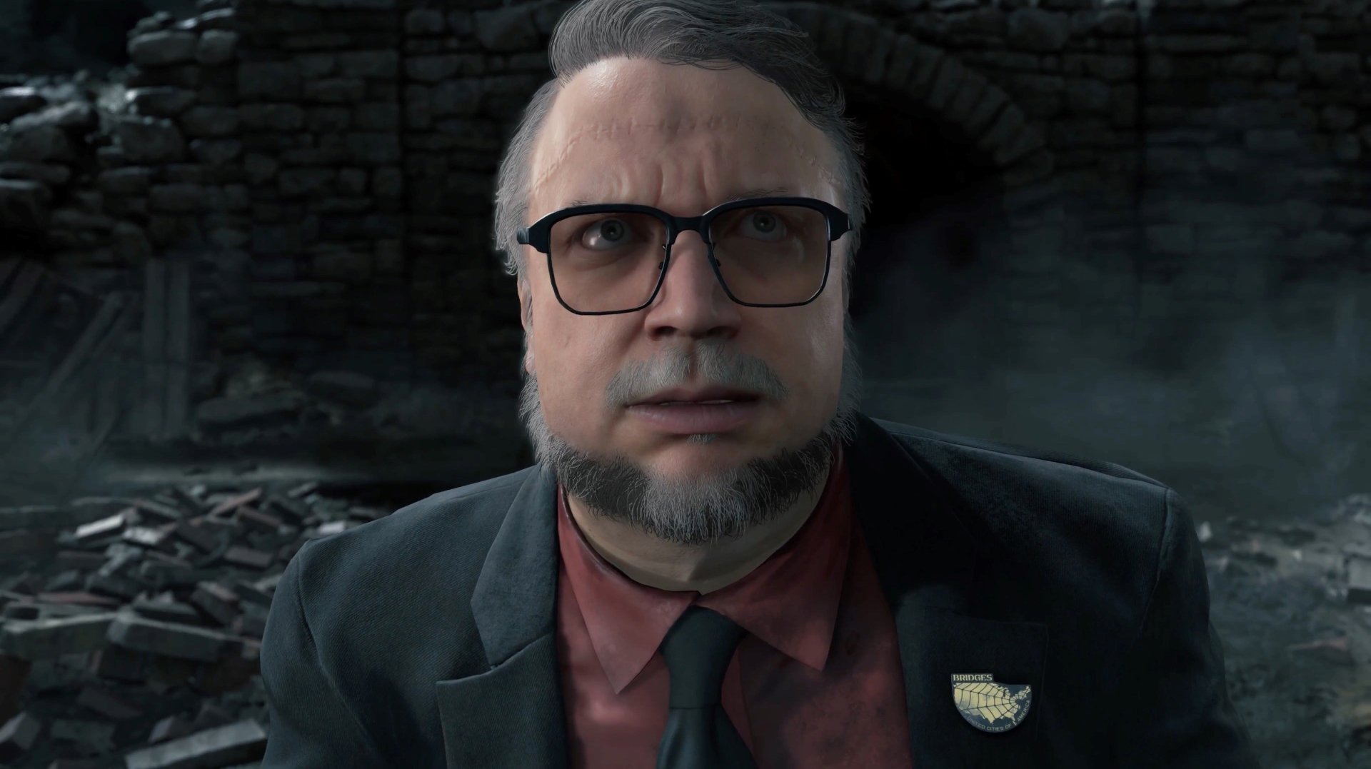 HD PC desktop wallpaper featuring a detailed close-up of a character from the video game Death Stranding, showcasing realistic facial textures and atmospheric background.
