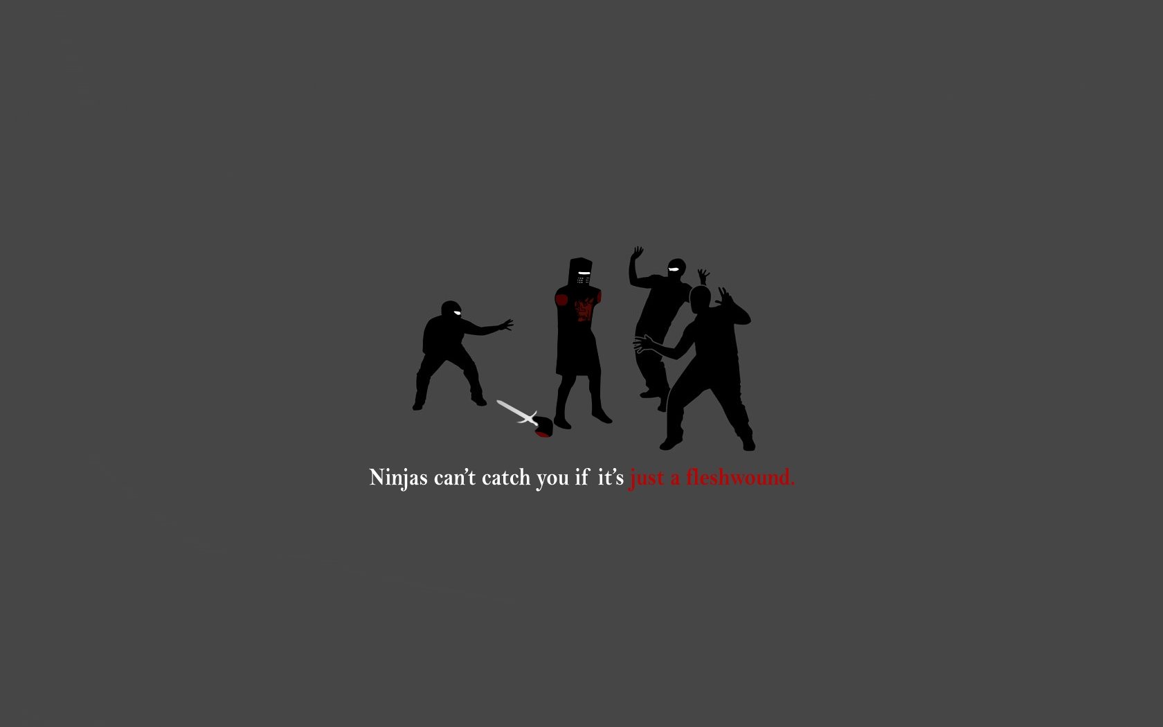 HD PC desktop wallpaper featuring a funny ninja silhouette sneaking up behind unaware figures on a dark gray background with the caption Ninja can't catch you if it's a red shirt.