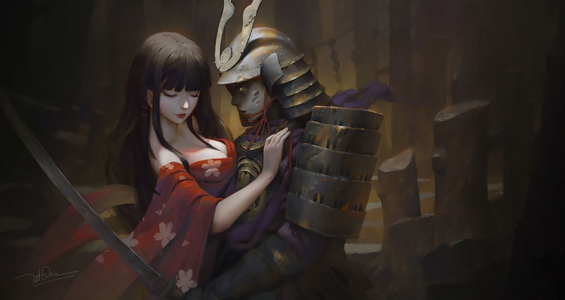 HD desktop wallpaper featuring a fantasy scene with an oriental geisha and an armored samurai warrior embracing in a dimly lit environment.