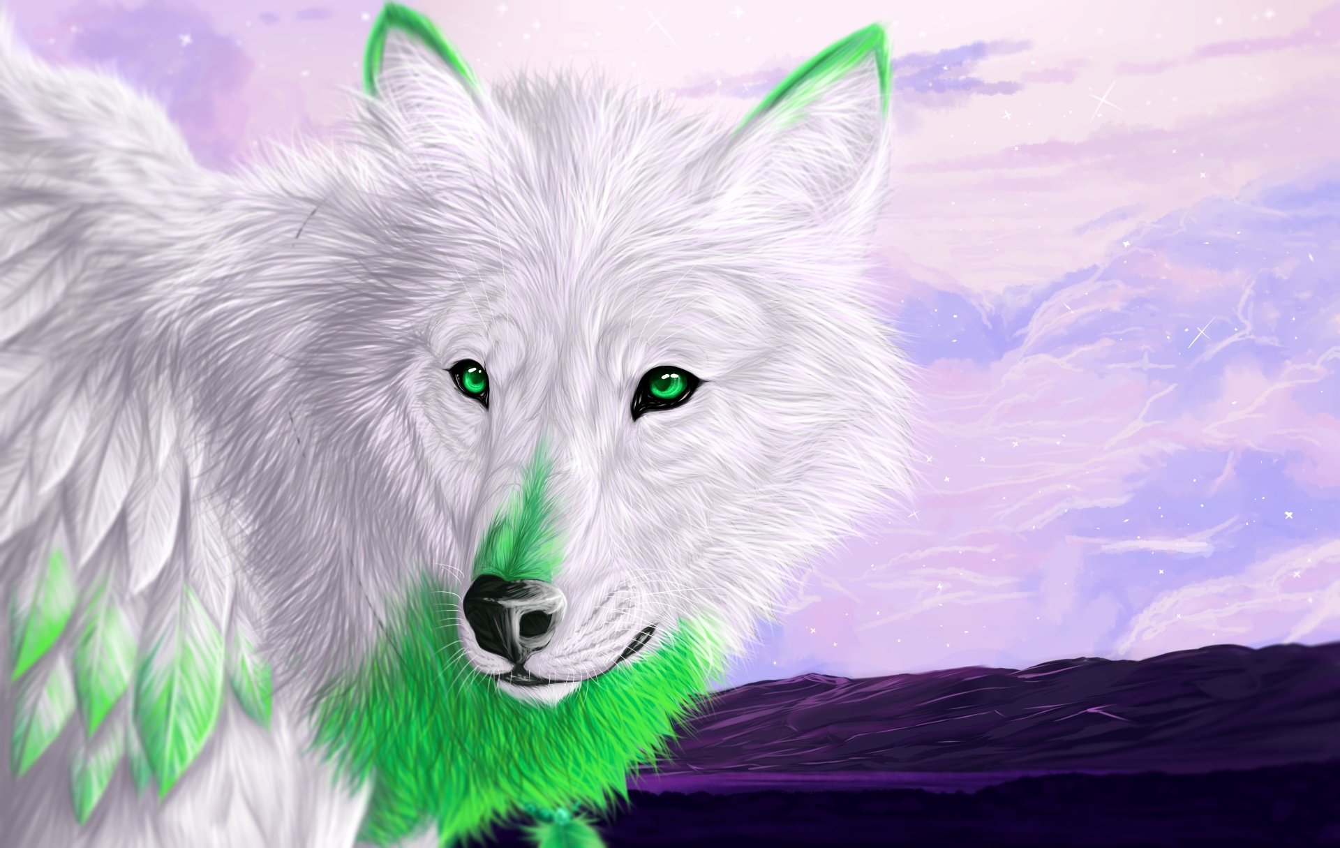 4K Ultra HD Fantasy Wolf with Enchanting Green Eyes by Nat-4rts, image size:1920x1215