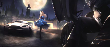 HD anime wallpaper featuring a blonde girl holding a pistol, standing near a car at night. A large moon illuminates the scene, with a city skyline in the background.